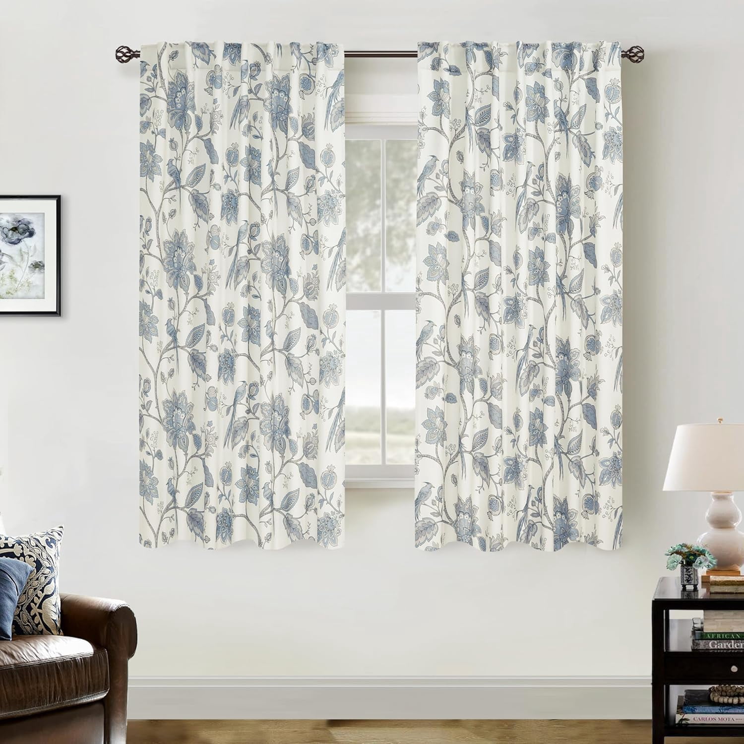 Room Darkening Light Blue Curtains 63 Inch Length for Bedroom Living Room,Vintage Floral Serena Curtain Drapes 63 Inches Long 2 Panels Set