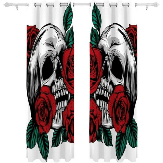 Room Darkening Window Curtains Drapes Skulls with Roses On White Thermal Insulated Grommet Blackout Curtains 84x55 in 2 Panels for Bedroom Living Room