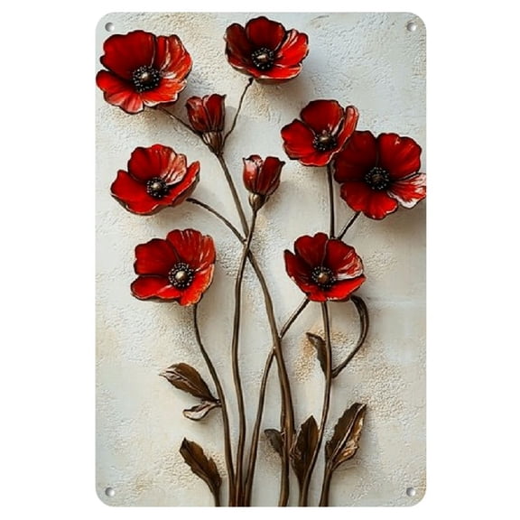 Room Decor 1pc, 3D Red Poppy Flowers Metal Iron Sign, 8x12 Inch, Rustic Antique Effect Wall Art, Easy to Hang Decor for Home, Kitchen, Bedroom, Garden, Bathroom, Garage, Hotel, Office, Bakery
