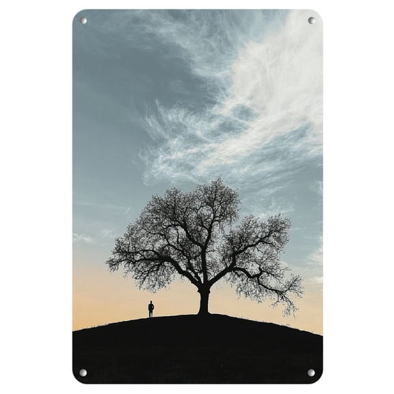 Room Decor 1pc "Beauty of Solitude" Black and White Tree Silhouette Iron Wall Art, 8x12 inches, Modern Decorative Metal Sign for Home, Restaurant, Bar, Cafe, Garage