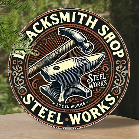 Room Decor 1pc Blacksmith Shop Themed Aluminum Sign, Round 2D Flat Print Wall Art, 7.87x7.87 inches, Waterproof and Weather-Resistant, Pre-Drilled for Easy Hanging, Ideal for Home, Bar