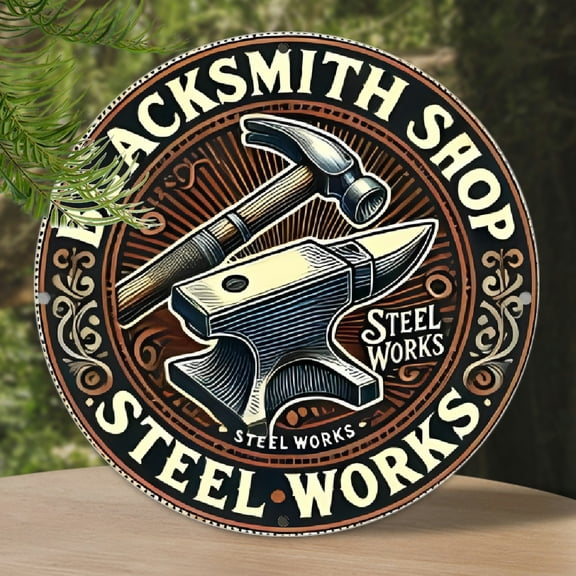 Room Decor 1pc Blacksmith Shop Themed Aluminum Sign, Round 2D Flat Print Wall Art, 7.87x7.87 inches, Waterproof and Weather-Resistant, Pre-Drilled for Easy Hanging, Ideal for Home, Bar, Scene