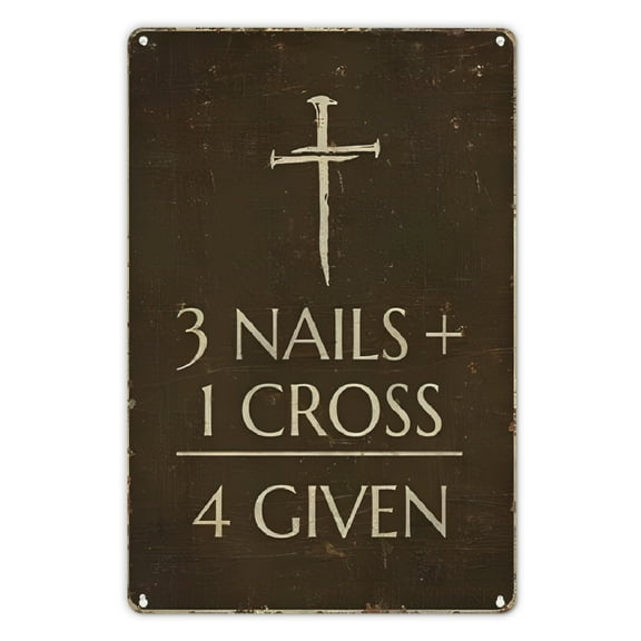 Room Decor 1pc Christian Faith Iron Tin Sign, 3 Nails + 1 Cross = 4 Given Engraved Metal Plaque, 12x8 inches, Religious Wall Decor, with Spiritual Home Accent for Easter Holiday Gift