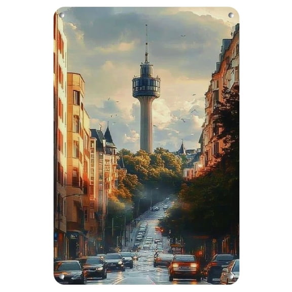 Room Decor 1pc City Sunset Landscape Metal Sign, Rectangular Iron Wall Art Decor, 8x12 Inch, Urban Sunset View with for Room, Home, Restaurant, Bar, Cafe, Garage