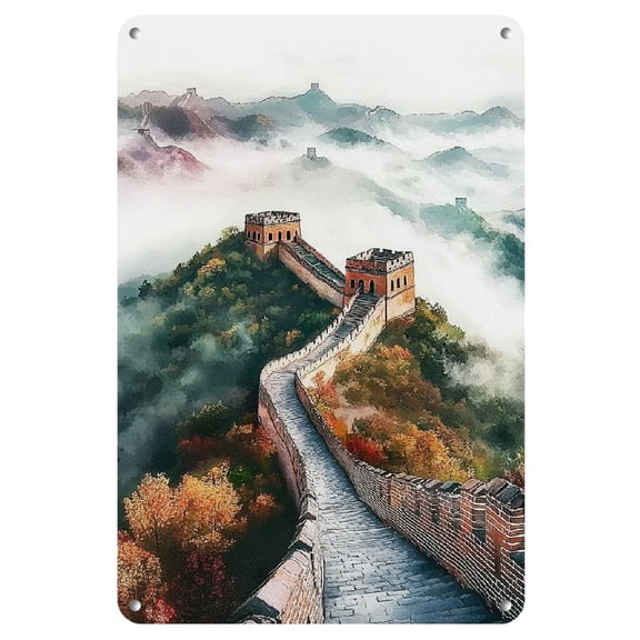 Room Decor 1pc Elegant Watercolor Artwork Iron Sign, Great Wall Theme, 8x12 inches, Creative Home Decor for Living Room, Bedroom, Cafe, Square Aesthetic Wall Art, Festive Decoration, Ideal Gift