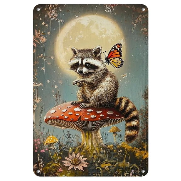 Room Decor 1pc Fantasy Moonlight Night Vintage Iron Wall Art, 8x12 Inches, Whimsical Raccoon with Wings, Rustic Home & Coffee Shop Decor, Dreamy Atmosphere