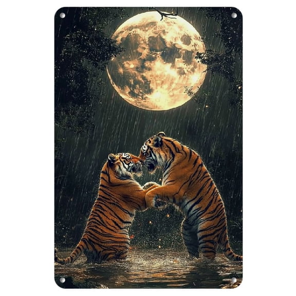 Room Decor 1pc Iron Metal Wall Art, Lion and Tiger Moonlit Scene, 8x12inch Tinplate Picture, Decorative Logoing for Home, Office, Bar, Club, Cafe, Restaurant, Hotel, Bedroom, Bathroom, Garage