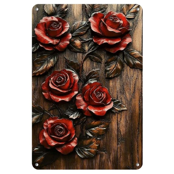Room Decor 1pc Iron Wall Art, 3D Red Rose with Brown Leaves, 8x12 inches, Easy to Install, Unique Gift Idea, with for Home, Bar, Pub, Cafe, and Living Room Decor