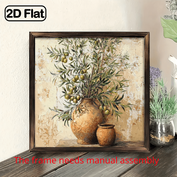 Room Decor 1pc Olive Branch Vase Art Print, Wooden Framed Wall Decor, Ready to Hang for Room, Bathroom, Kitchen - Ideal for Birthday, Graduation, Christmas, Back to School, Bachelor Party