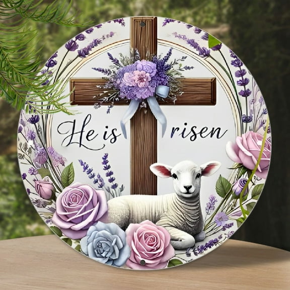 Room Decor 1pc Rustic Aluminum "He is Risen" Easter Sign, 7.8x7.8 inches, Floral Lamb & Cross Design, Seasonal Home & Bar Wall Decor