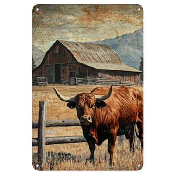 Room Decor 1pc Rustic Highland Cow & Barn Metal Tin Sign, Vintage Farmhouse Wall Art, Classic Landscape Decor, Frameless Iron Painting Plaque for Home, Office, Living Room, Bedroom