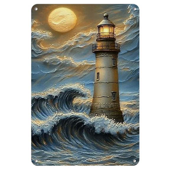 Room Decor 1pc Rustic Lighthouse Metal Iron Sign, 8x12 Inch, Antique Waves Design, Reusable Wall Art for Home, Kitchen, Bedroom, Garden, Bathroom, Garage, Office, Bakery - Easy to Hang