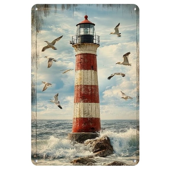 Room Decor 1pc Rustic Lighthouse & Seagulls Vintage Iron Sign, 8x12 inches, Retro Nautical Wall Decor for Home, Bedroom, Bar, Cafe, Office, Farmhouse, Metal Art Decorative Plaque