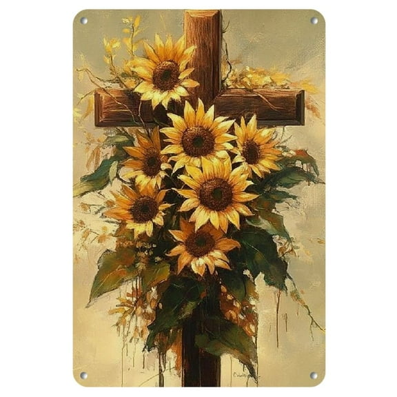 Room Decor 1pc Rustic Sunflower Cross Metal Sign, 8x12 inches, Vintage Iron Wall Decor for Home, Bedroom, Bar, Cafe, Office, Farmhouse, Artistic Religious Decorative Plaque