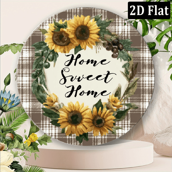 Room Decor 1pc Rustic Sunflower Home Sweet Home Round Aluminum Sign, 8x8inch (20x20cm), 2D Flat Door Hanger Wall Decor with Cursive Lettering, Farmhouse Style Metal Wreath Sign for Indoor Outdoor Use