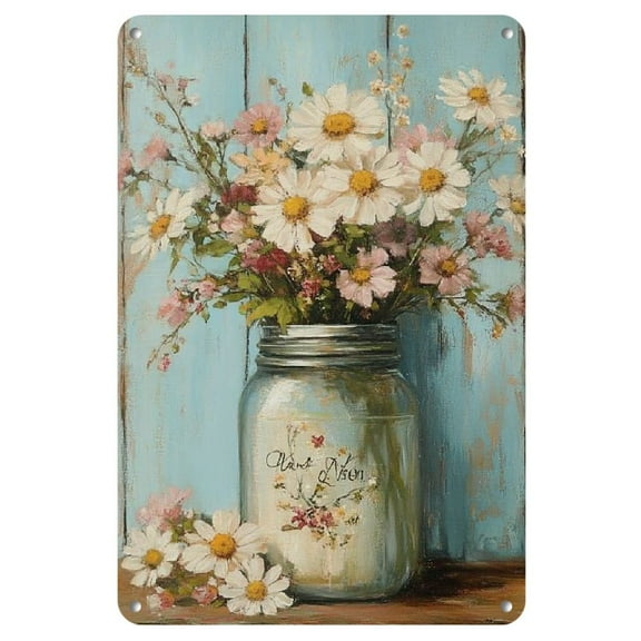 Room Decor 1pc Rustic Vintage Metal Tin Sign, 8x12 inches, Floral Vase Design, Wall Art Decor for Home, Bedroom, Bar, Cafe, Office, Farmhouse, Artistic Iron Wall Decorations