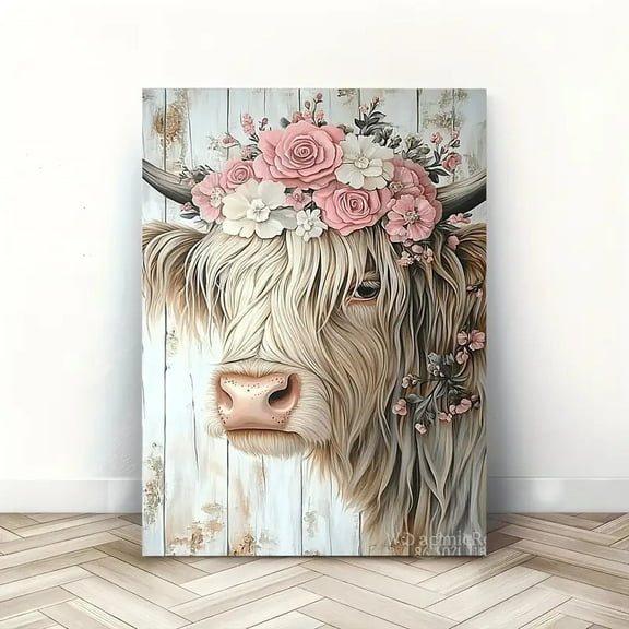 Room Decor 1pc Rustic Wooden Framed Highland Cow Canvas Art Print, Floral Crown Wall Decor, Woven Bachelor Party Home & Office Decoration, Unique Christmas Gift Idea,