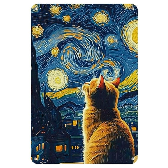Room Decor 1pc Van Gogh Starry Night Cat Metal Sign, Iron Wall Art Decor, Rustic Antique Look, Easy to Hang, with 8x12 inches for Home, Kitchen, Dining Room, Bedroom, Garden, Bathroom