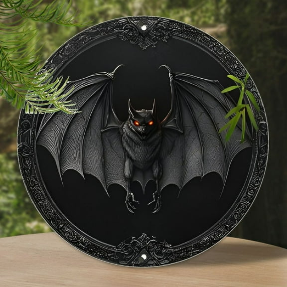 Room Decor 1pc Vintage Aluminum Bat Wall Art, Dark Bat Emblem with Fiery Eyes, Intricate Details, Waterproof, Weather-Resistant, Pre-Drilled, with 7.8x7.8 inch for Outdoor, Bar Decor