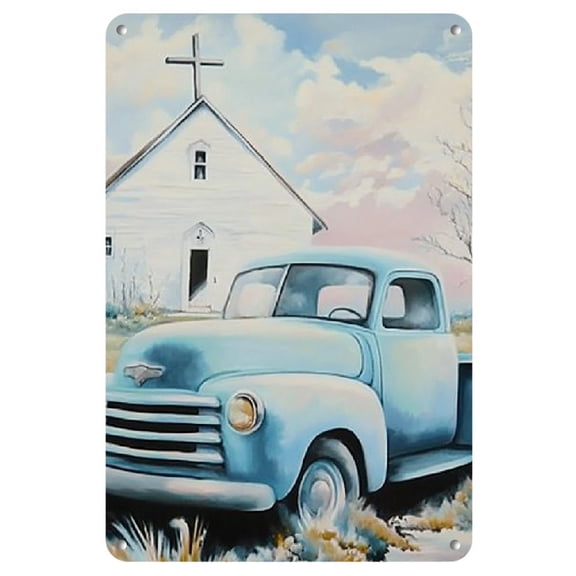 Room Decor 1pc Vintage Blue Truck and Rustic Barn Metal Tin Sign, Ideal for Outdoor Decor, Farmhouse, Restaurant, Cafe, Home, Garage, Patio, Bar, Garden Decoration - Iron Art Painting
