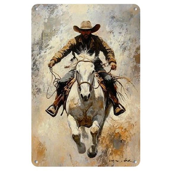 Room Decor 1pc Vintage Cowboy on Horseback Metal Iron Sign, Rustic Charm, Reusable Wall Art Decor, 8x12 inches, with Easy Hanging, for Home, Kitchen, Dining Room, Bedroom, Garden, Bathroom