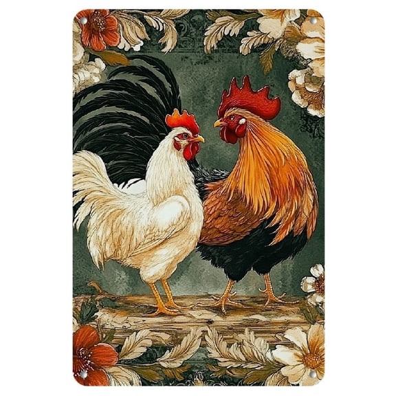 Room Decor 1pc Vintage Fighting Chickens Metal Iron Sign, 8x12 inches, Artistic Wall Decor for Home, Bedroom, Bar, Cafe, Office, Farm, Retro Style Decorative Metal Wall Art