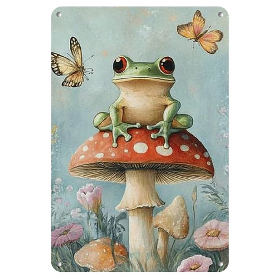 Room Decor 1pc Vintage Iron Sign, Nature Harmony Style Wall Decor, 8x12 Inch, Frog on Mushroom Art, Metal Iron Plaque, for Bedroom, Bar, Cafe, Office, Farm