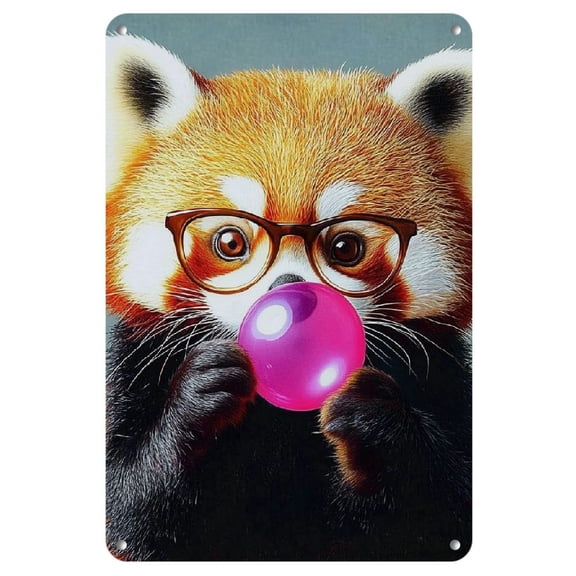 Room Decor 1pc Whimsy Wall Art, Red Panda with Glasses Bubble Gum Metal Tin Sign, 8x12 inches Iron Home Decor for Living Room, Bedroom, Cafe - Square Aesthetic Artwork, Ideal Holiday Gift