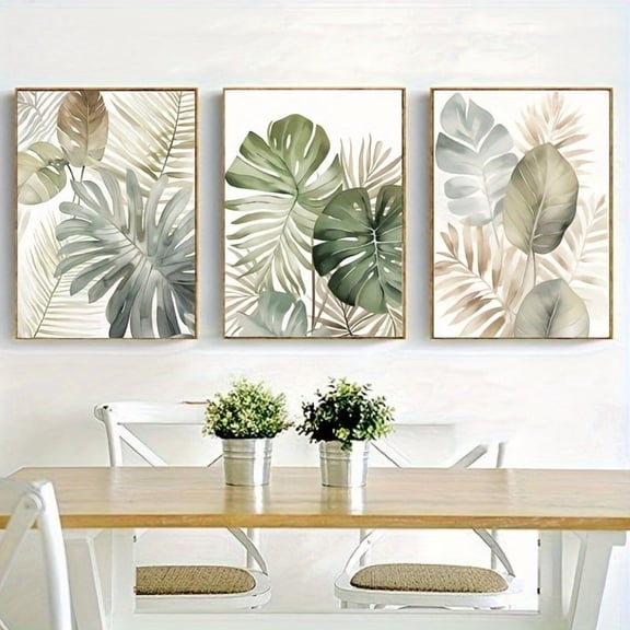 Room Decor 3pcs Set Tropical Monstera Ferns Frameless Canvas Wall Art, Exotic Greenery Polyester Fiber Prints for Bathroom, Living Room, Bedroom Decor, Ideal Mother'S Day Gift