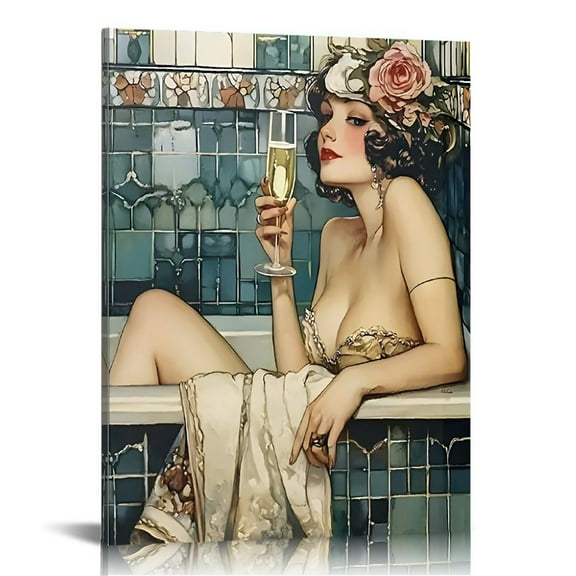 Room Decor Art Deco Framed Canvas Print, Vintage 1920s Elegant Lady with Champagne in Bathtub Poster, Bathroom Mural Wall Art for Living Room, Bedroom, Office, Restaurant, Bar Decor Gift