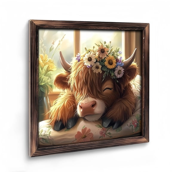 Room Decor Art Prints: Cute Cow with Daisy Flowers Wooden Art Prints,Rustic Farmhouse Animals Painting Prints for Children Nursery Kids Room Vintage  08×08inch(20×20cm)