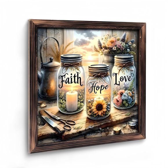 Room Decor Art Prints: Faith,Hope,Love Wooden Art Prints for Gift Home Wall Decor for Living Room, Kitchen, Bedroom And Office. Vintage 08×08inch(20×20cm)