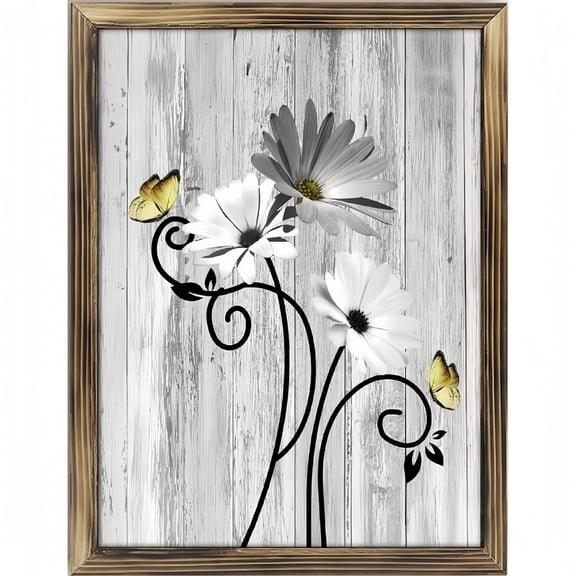 Room Decor Art Prints: Grey Daisy Wooden Art Prints, Rustic Farmhouse Gray Floral And Yellow Butterfly Bathroom Wall Decor, Vintage Flower Wall Art for Living Room Bedroom Home Office Decor