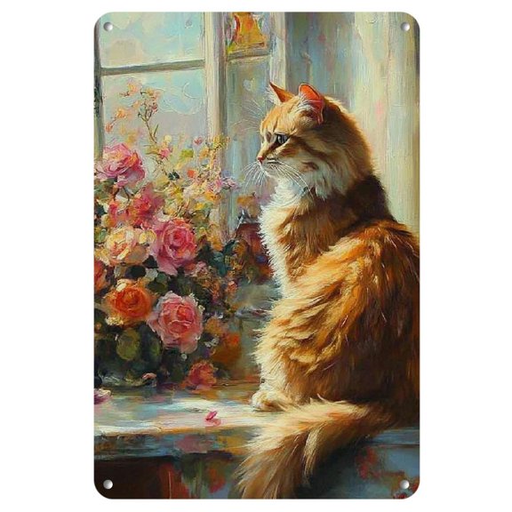 Room Decor Cat and Rose Metal Wall Art Sign on Antique Window Sill -8x12 inches/20 * 30cm, Iron, Pre drilled, Waterproof, Weather Resistant