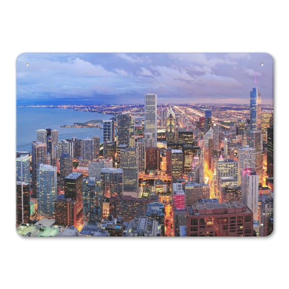 Room Decor Chicago Cityscape Painting Iron Wall Art Metal Tin Sign Wall Decor for Home, Bar, Garage Coffe Bar Outdoor Decor - Gifts for Friends 14x10 Inch