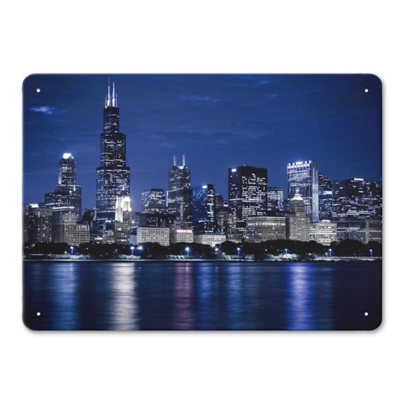 Room Decor Chicago Cityscape Painting Iron Wall Art Metal Tin Sign Wall Decor for Home, Bar, Garage Coffe Bar Outdoor Decor - Gifts for Friends 14x10 Inch