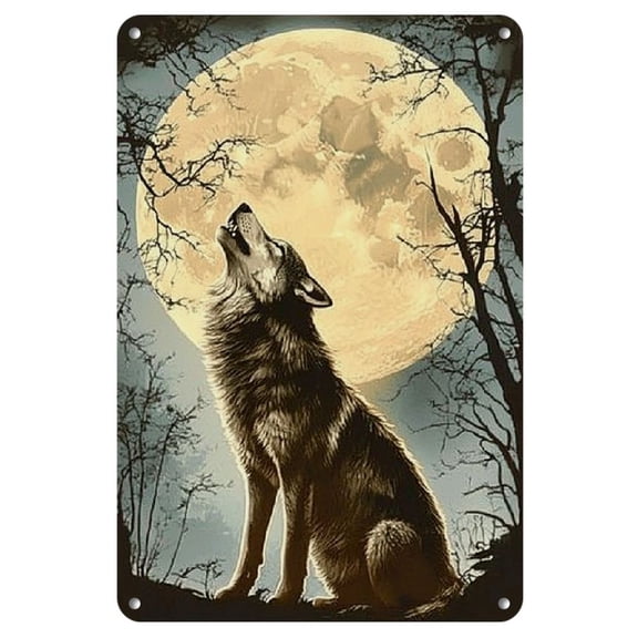Room Decor Full Moon Wolf Shadow, Dynamic Representation of The Wolf Under Golden Moonlight, Romantic Natural Scenery - Iron UV Printed Sign (8"X12"), Suitable for Home, Bedroom, Gym, Library