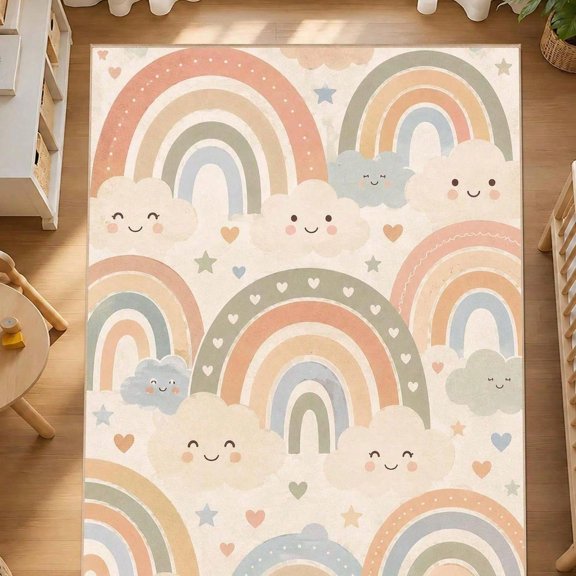 [Room Decor Rug]Carpet Rainbow Clouds Nursery Rug For , Pastel Playroom Carpet, Boho Room Decor,