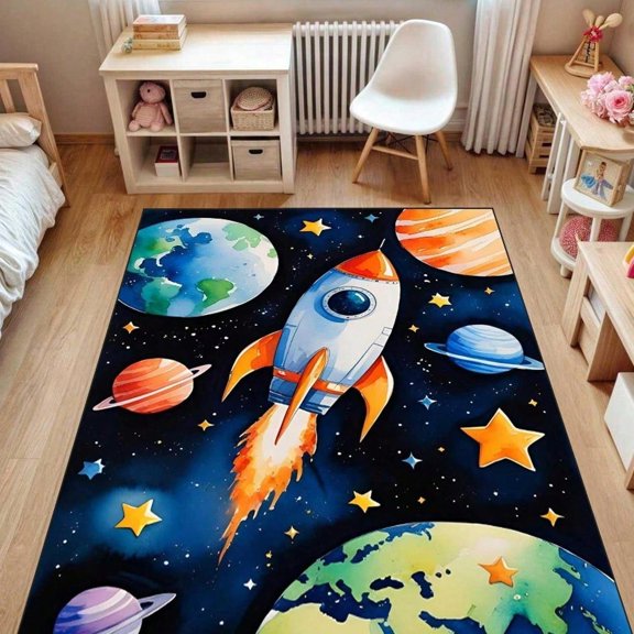 [Room Decor Rug]Carpet Space RoCket Area Rug, Galaxy Planets Nursery Carpet, Outer Space Theme Decor