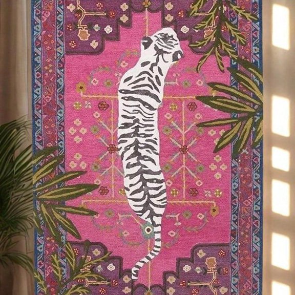 [Room Decor Rug]Pink Tiger Area Rug, Maximalist Jungle Statement Carpet, Boho Ecle