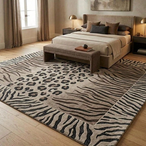[Room Decor Rug]Rug, Mixed Zebra Leopard Animal Print, Modern Safari Beige Black