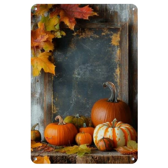 Room Decor Single Piece Rustic Vintage Vintage Metal Tin Wall Decoration - a Wooden Frame with a Chalk Board and Pumpkins (8x12 Inches (20cmx30cm)) - Perfect