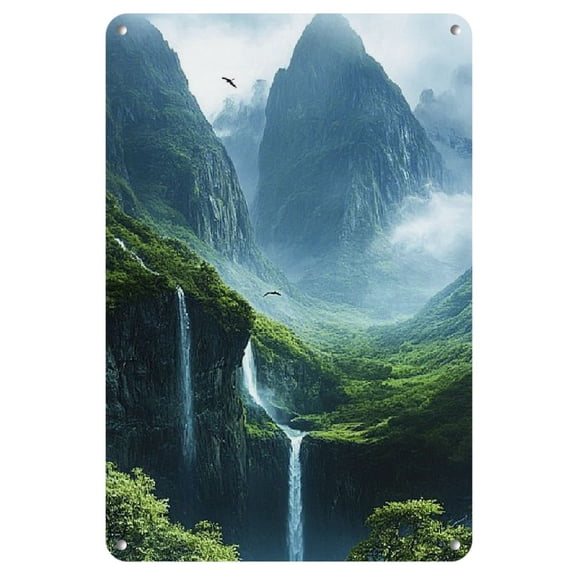 Room Decor A Vibrant Green Landscape Featuring a High Mountain Waterfall - The Water Cascades Down - a Watercolor Scene of Fields Between The Mountains - Iron Wall Art, 8X12 Inches