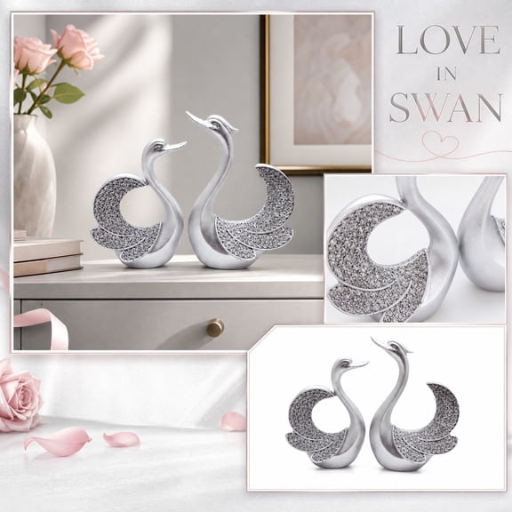 Room Decoration, Wedding Anniversary Gifts for Couple, Figurines Home Decor, Table Decor for Living Room, Luxe 2-Piece Matching Silver Swan Couple Decor Set, Fully Embedded