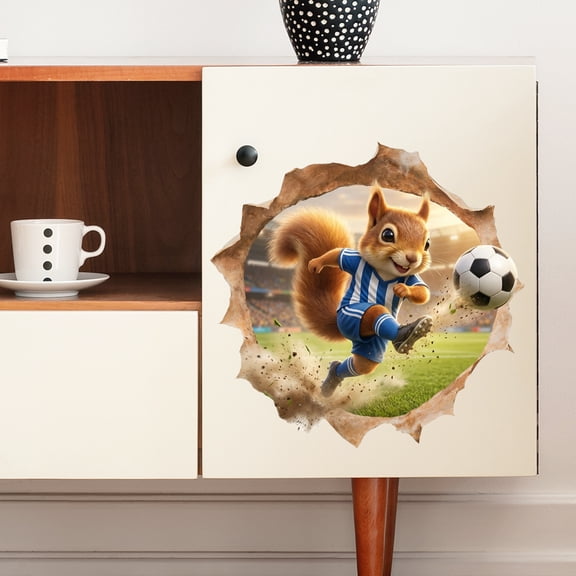 Room Decorations, Bedroom Wall Decor and Art, Football Wall Decor, Animal Wall Art, Playful Cartoon Squirrel Soccer Player Break-Through Wall Peel and Stick Vinyl Mural Sticker