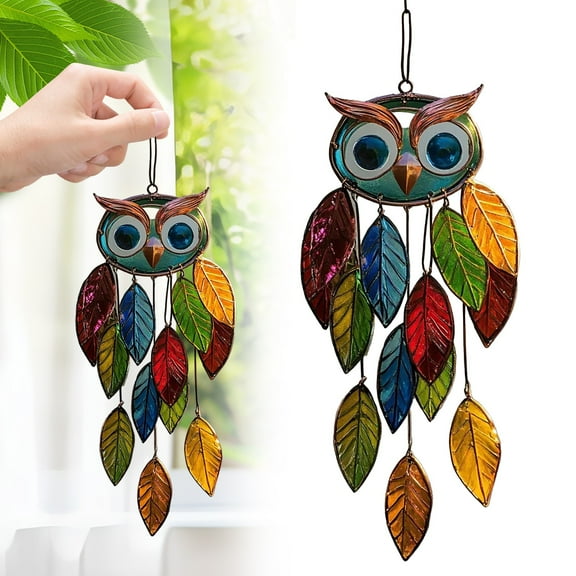 Room Decro, Owl Wind Chimes for Outside, Colored Acrylic Panel, Creative Animal Acrylic Window Hanging, Window Hanging for Home Decor, Handmade Stained Gl With Feathers