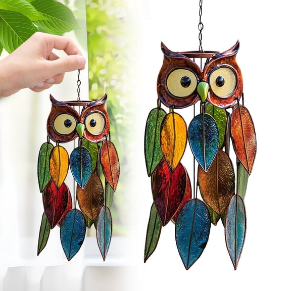 Room Decro, Owl Wind Chimes for Outside, Colored Acrylic Panel, Creative Animal Acrylic Window Hanging, Window Hanging for Home Decor, Handmade Stained Gl With Feathers