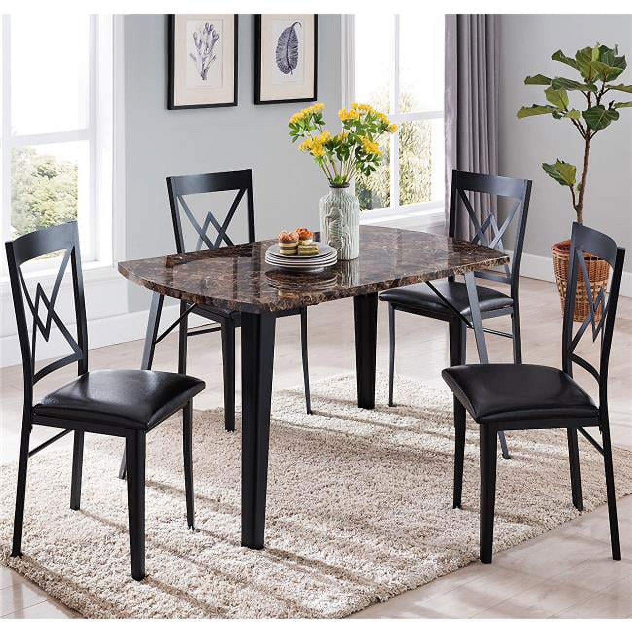 Room Designs 5 Piece Dinette set Black / Brown Transitional Rectangle Table, Square Chair