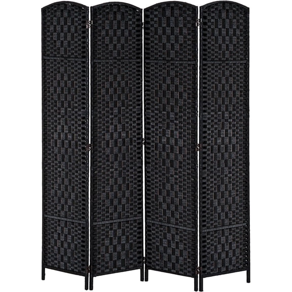 Room Divider 4 Panel, 6FT Tall Folding Privacy Screen, Freestanding Hand-Woven Partition for Room Separation with 360 Hinges, Paper Rope Diamond Weave, Black