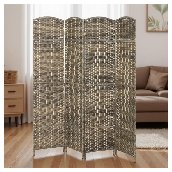 Room Divider 4 Panel 6ft Tall Privacy Screen, Wood Partition for Home Office - Dark Rustic Oak